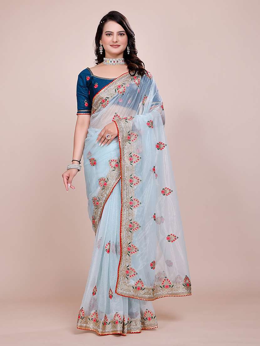 women light blue embroidered saree with blouse - 21899290 -  Standard Image - 1