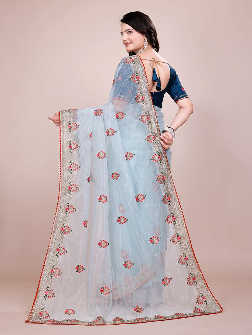 women light blue embroidered saree with blouse - 21899290 -  Standard Image - 4