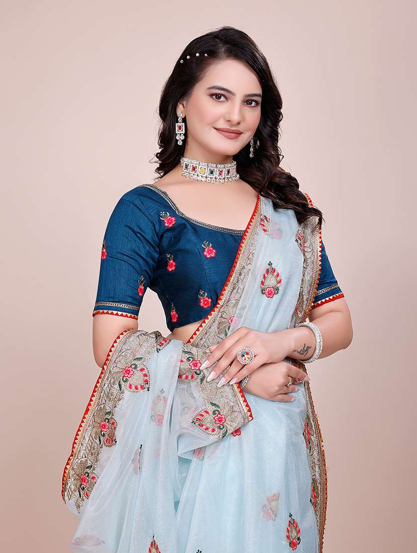 women light blue embroidered saree with blouse - 21899290 -  Standard Image - 6