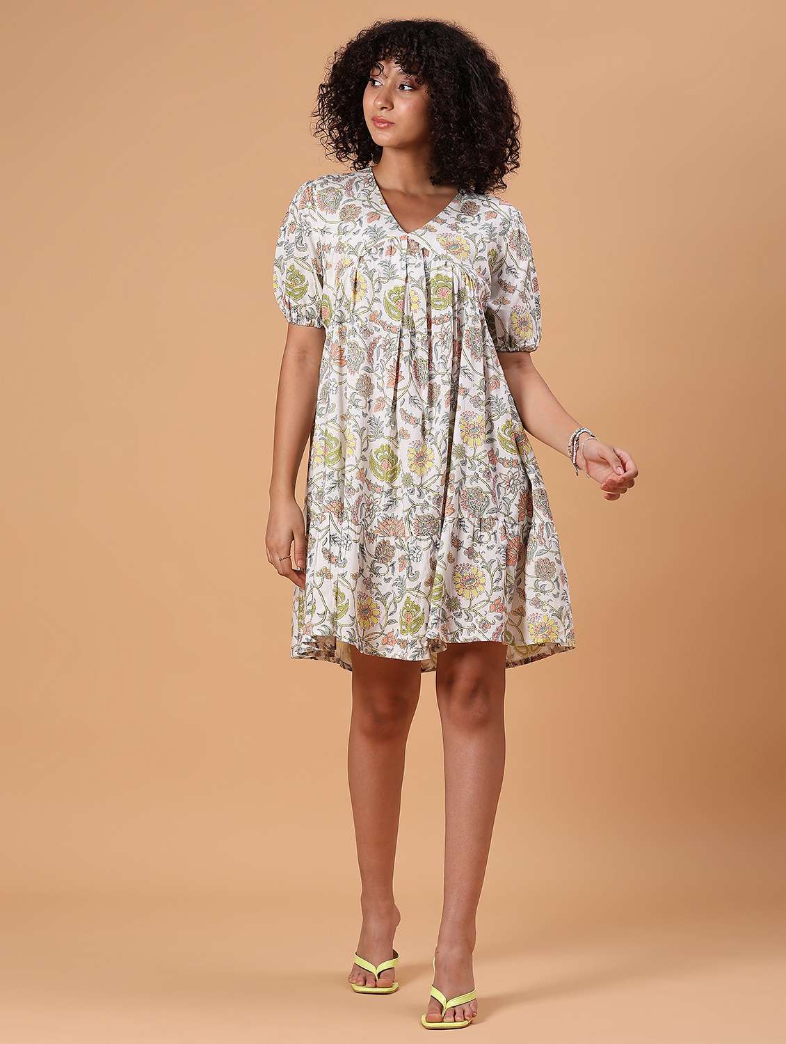 women off white floral short sleeve tiered dress - 21900873 -  Standard Image - 1