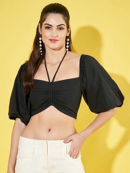 women solid puff sleeves crop top - 21900890 - Standard Image - 0
