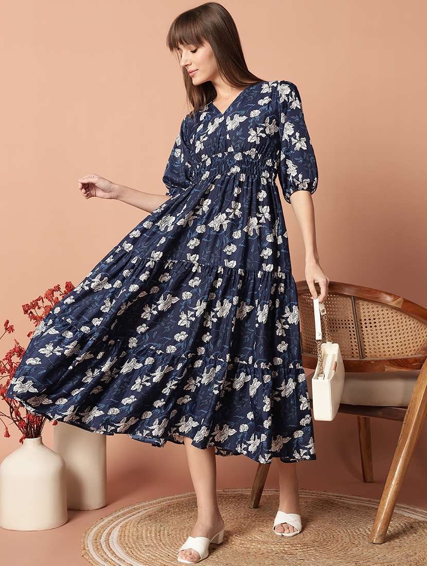 women navy blue floral printed puff sleeve tiered dress