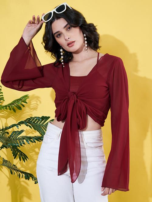 women solid bell sleeves crop top - 21900931 - Standard Image - 0