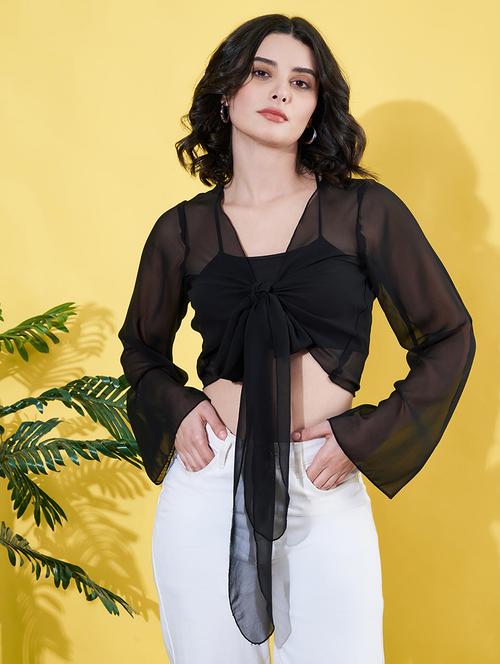 women solid bell sleeves crop top - 21900932 - Standard Image - 0
