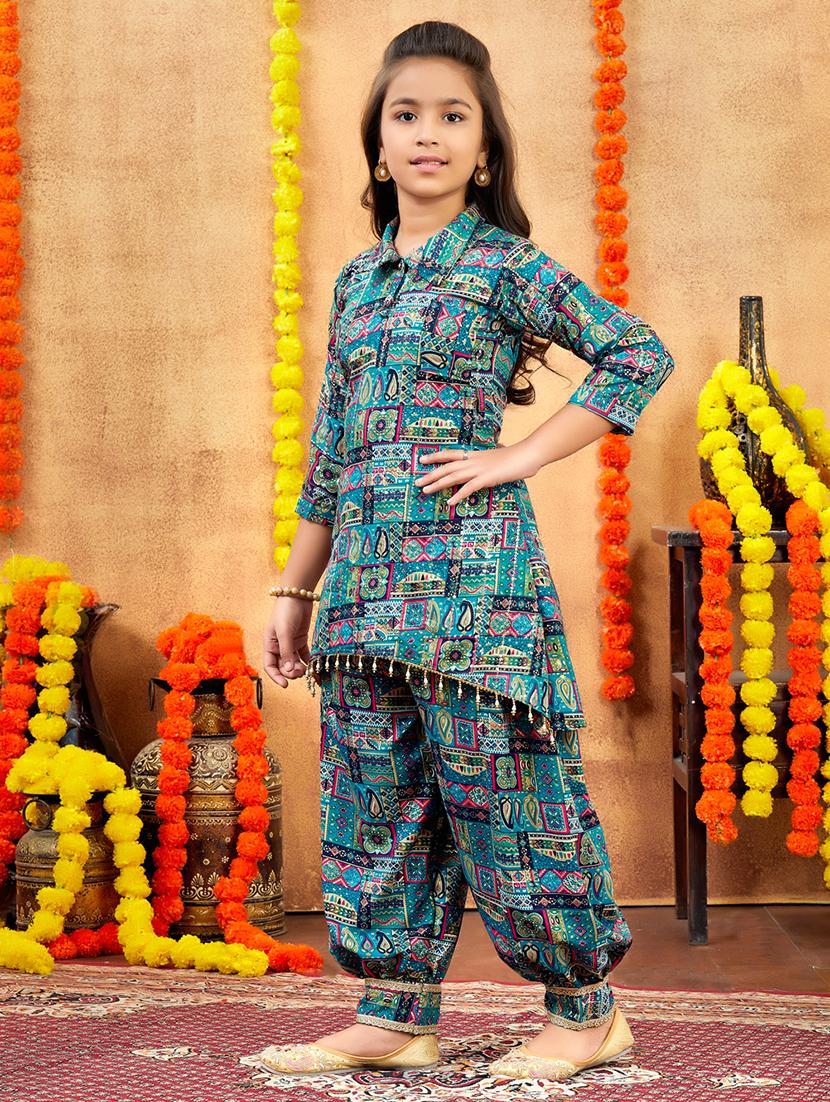 girls printed collared kurta and salwar set - 21900978 -  Standard Image - 1