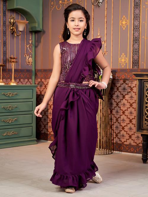 girls solid ready to wear saree with embellished blouse - 21901090 - Standard Image - 0