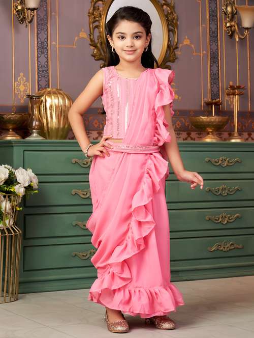 girls solid ready to wear saree with embellished blouse - 21901093 -  Standard Image - 0
