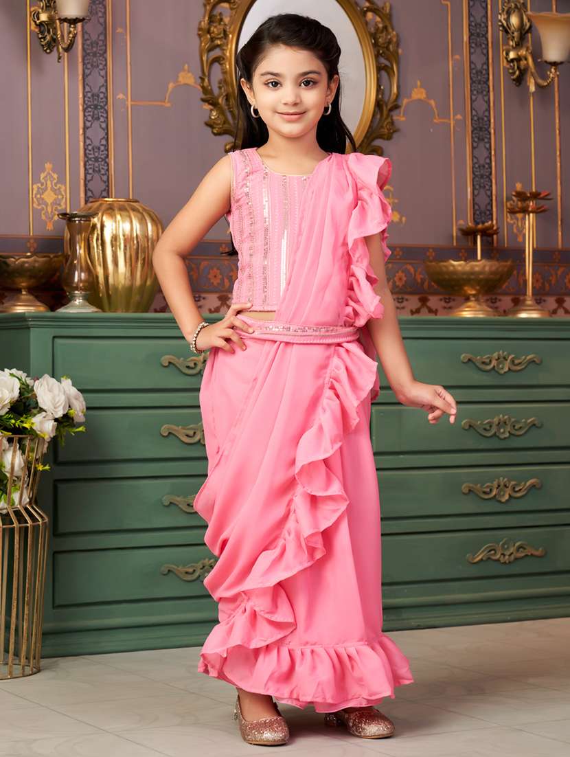 girls solid ready to wear saree with embellished blouse