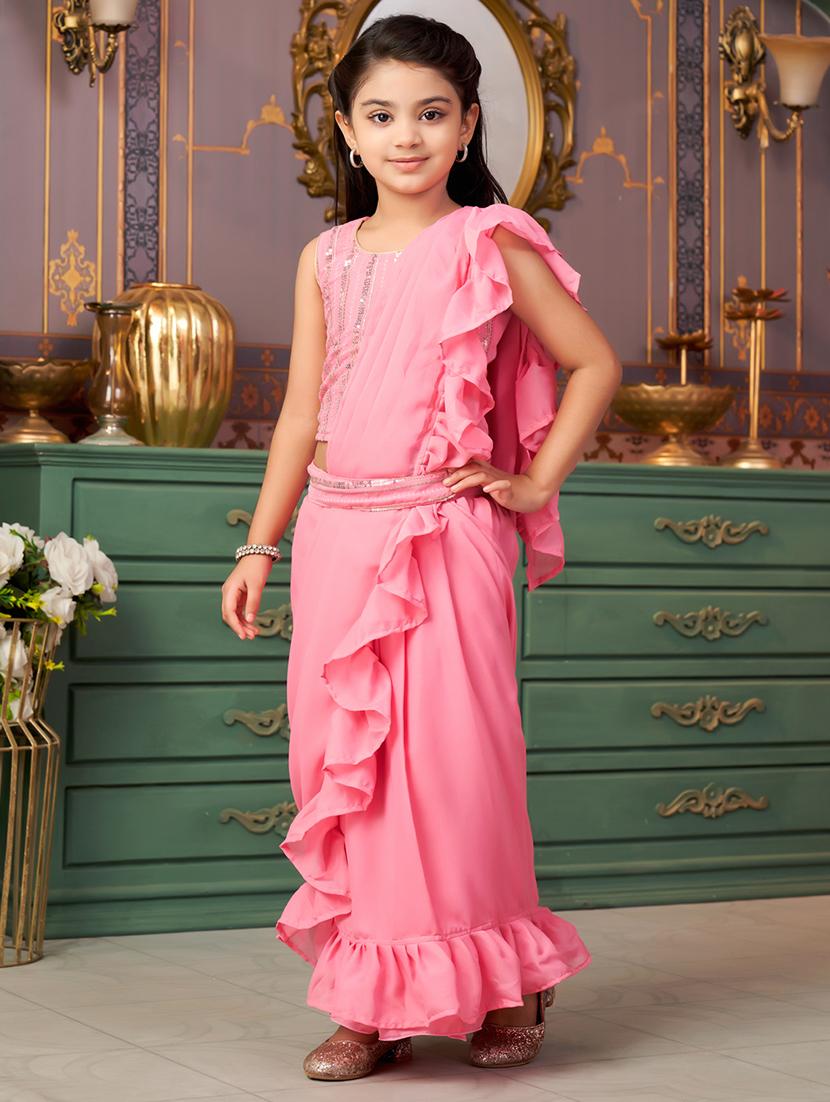 girls solid ready to wear saree with embellished blouse - 21901093 - Standard Image - 1
