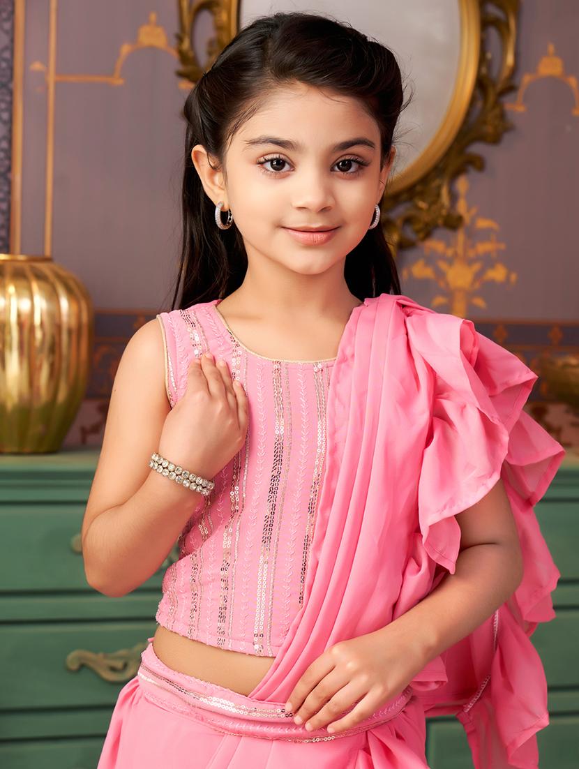 girls solid ready to wear saree with embellished blouse - 21901093 - Standard Image - 4