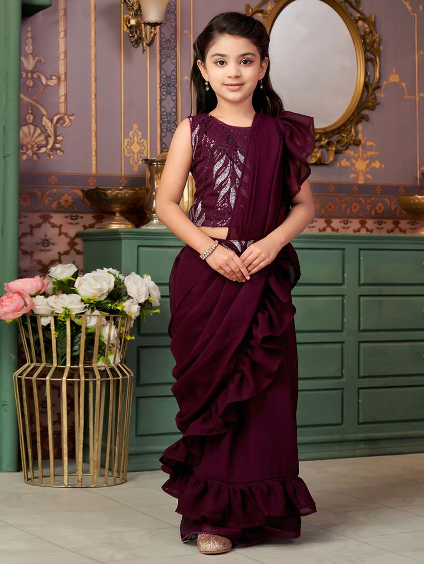 girls solid ready to wear saree with embellished blouse - 21901095 - Zoom Image - 0