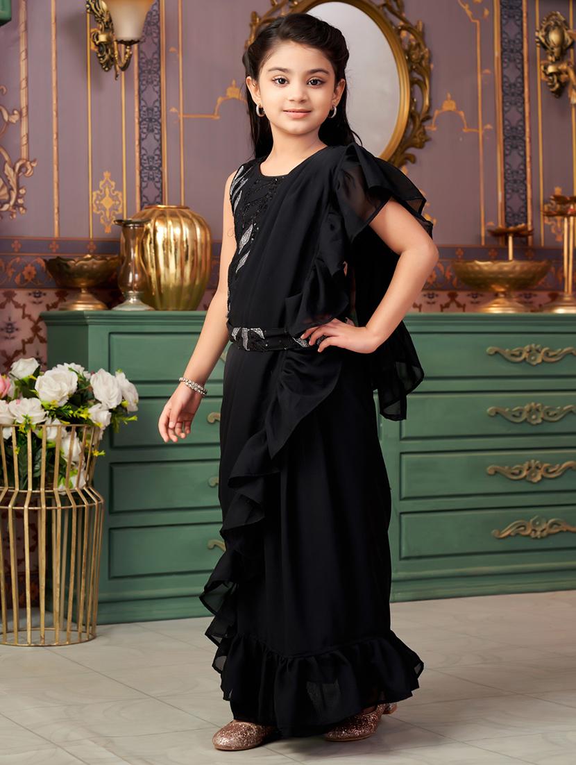 girls solid ready to wear saree with embellished blouse - 21901096 - Standard Image - 1