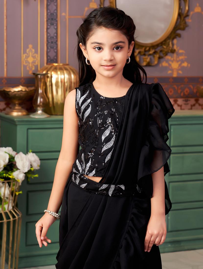 girls solid ready to wear saree with embellished blouse - 21901096 - Standard Image - 4