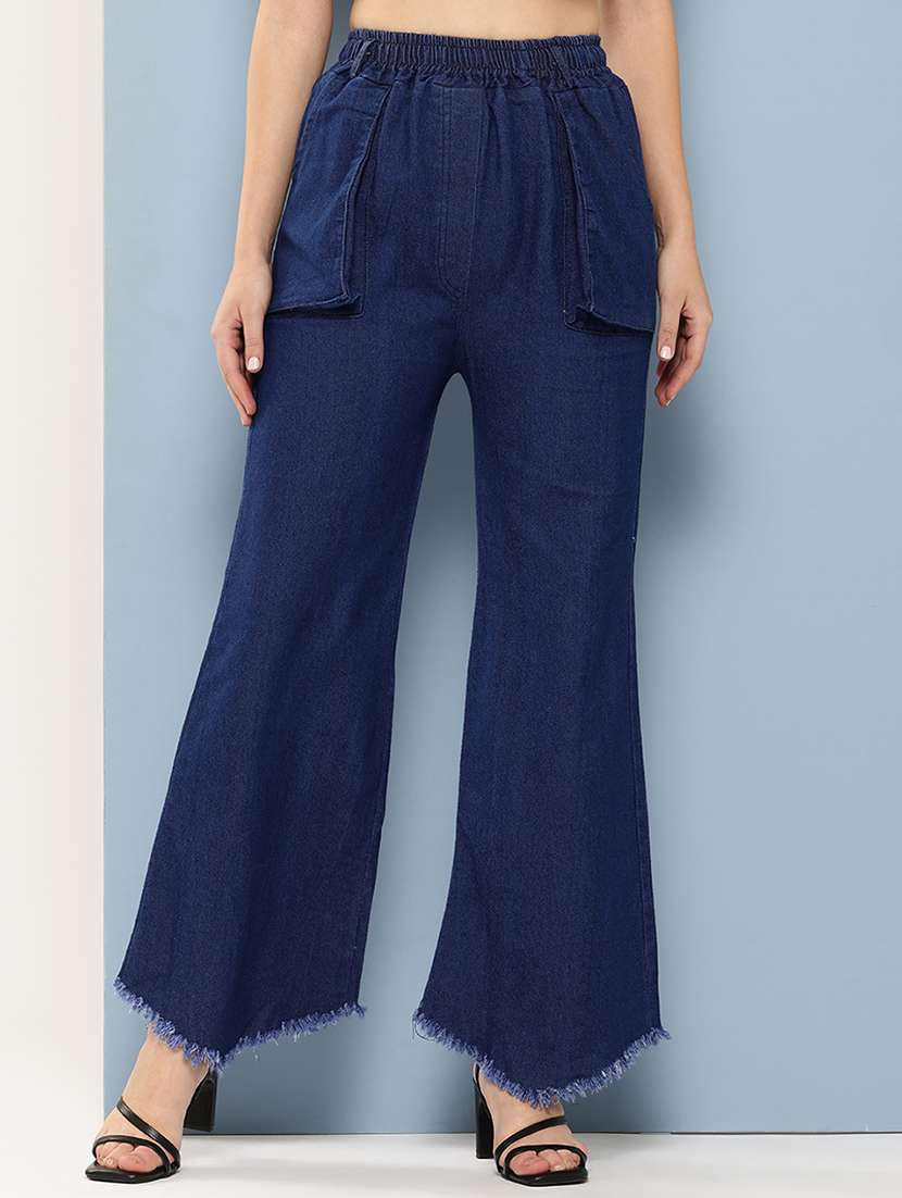 women solid high rise wide leg trouser