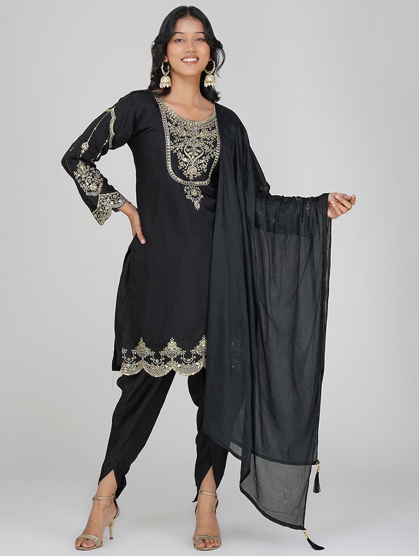 women black long sleeve dhoti kurta with dupatta set - 21901366 - Standard Image - 1