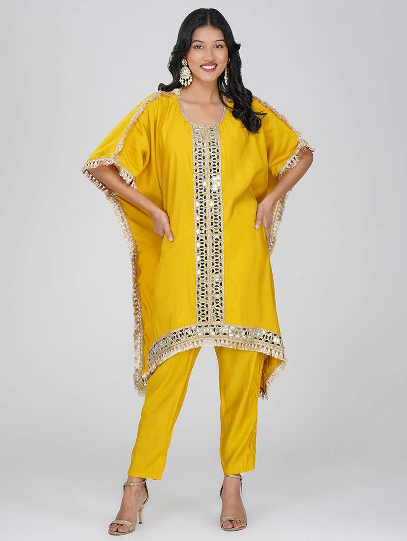 women yellow kimono sleeve kaftan kurta pant set - 21901377 -  Standard Image - 1