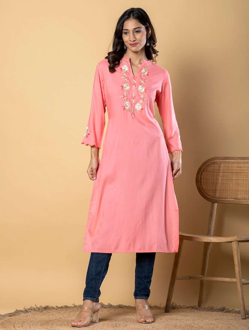 women embroidered three quarter sleeve straight kurta - 21901388 -  Standard Image - 1
