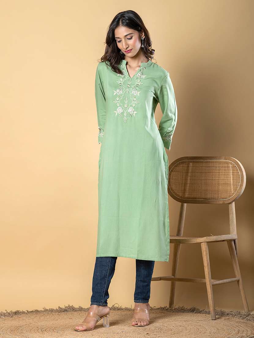 women embroidered three quarter sleeve straight kurta - 21901389 -  Standard Image - 1