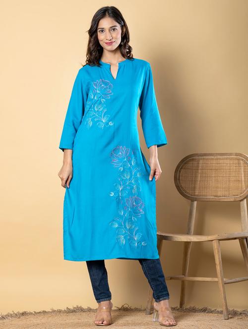 women embroidered three quarter sleeve straight kurta - 21901390 - Standard Image - 0