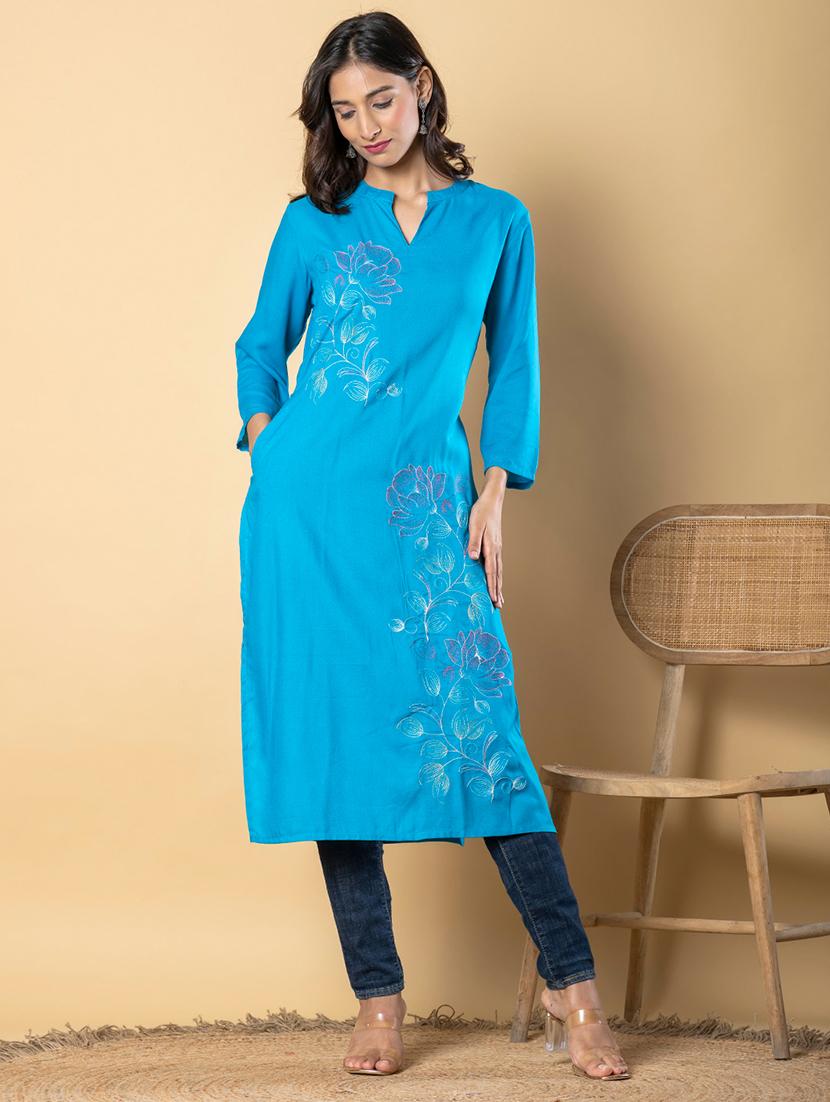 women embroidered three quarter sleeve straight kurta - 21901390 -  Standard Image - 1