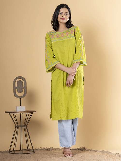 women embroidered three quarter sleeve straight kurta - 21901391 -  Standard Image - 0