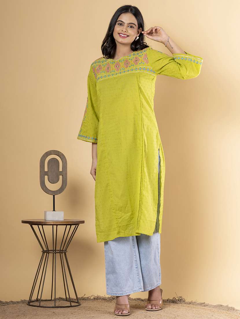 women embroidered three quarter sleeve straight kurta - 21901391 -  Standard Image - 1
