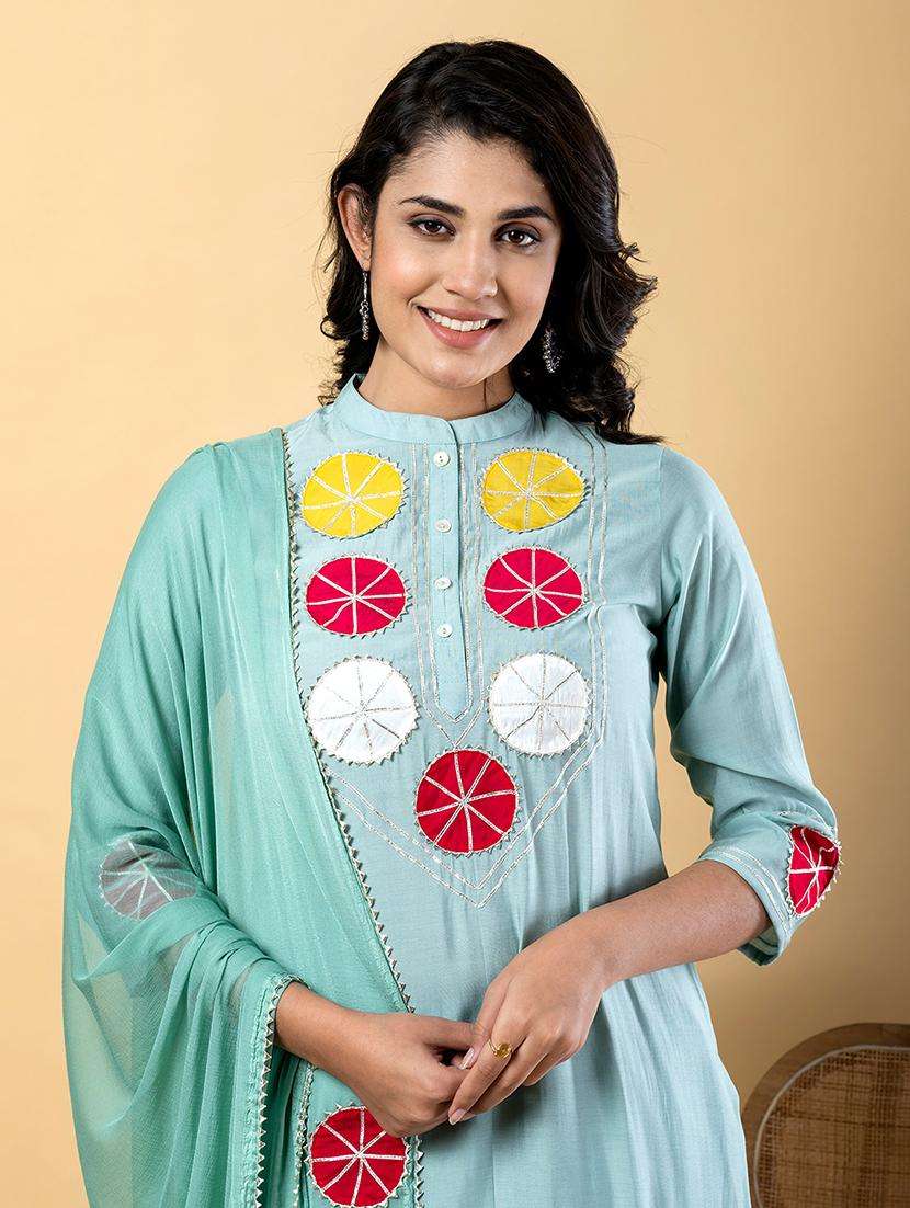 women three quarter sleeve kurta pant with dupatta set - 21901536 -  Standard Image - 1