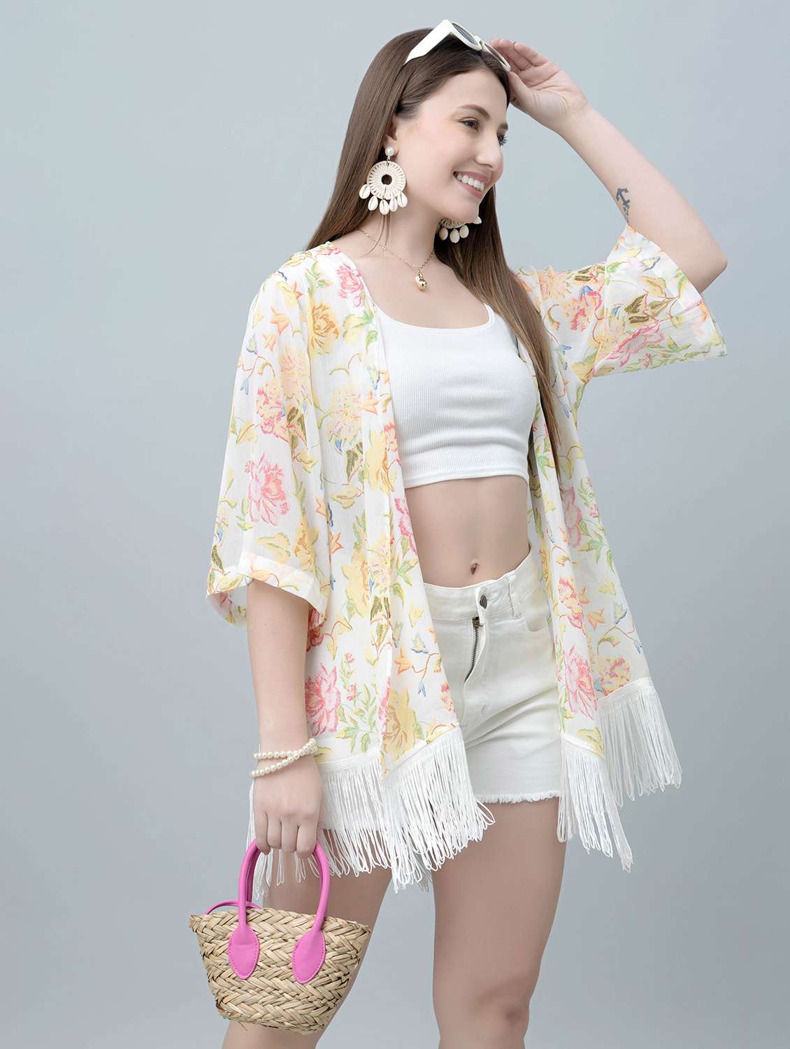 women floral printed fringed hem regular shrug