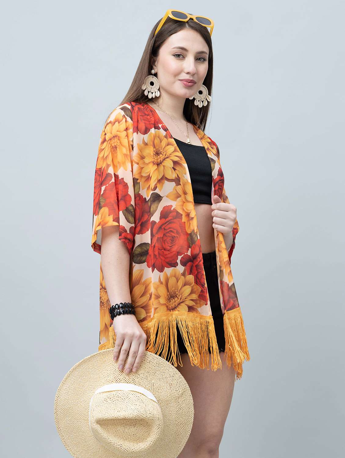 women floral printed fringed hem regular shrug