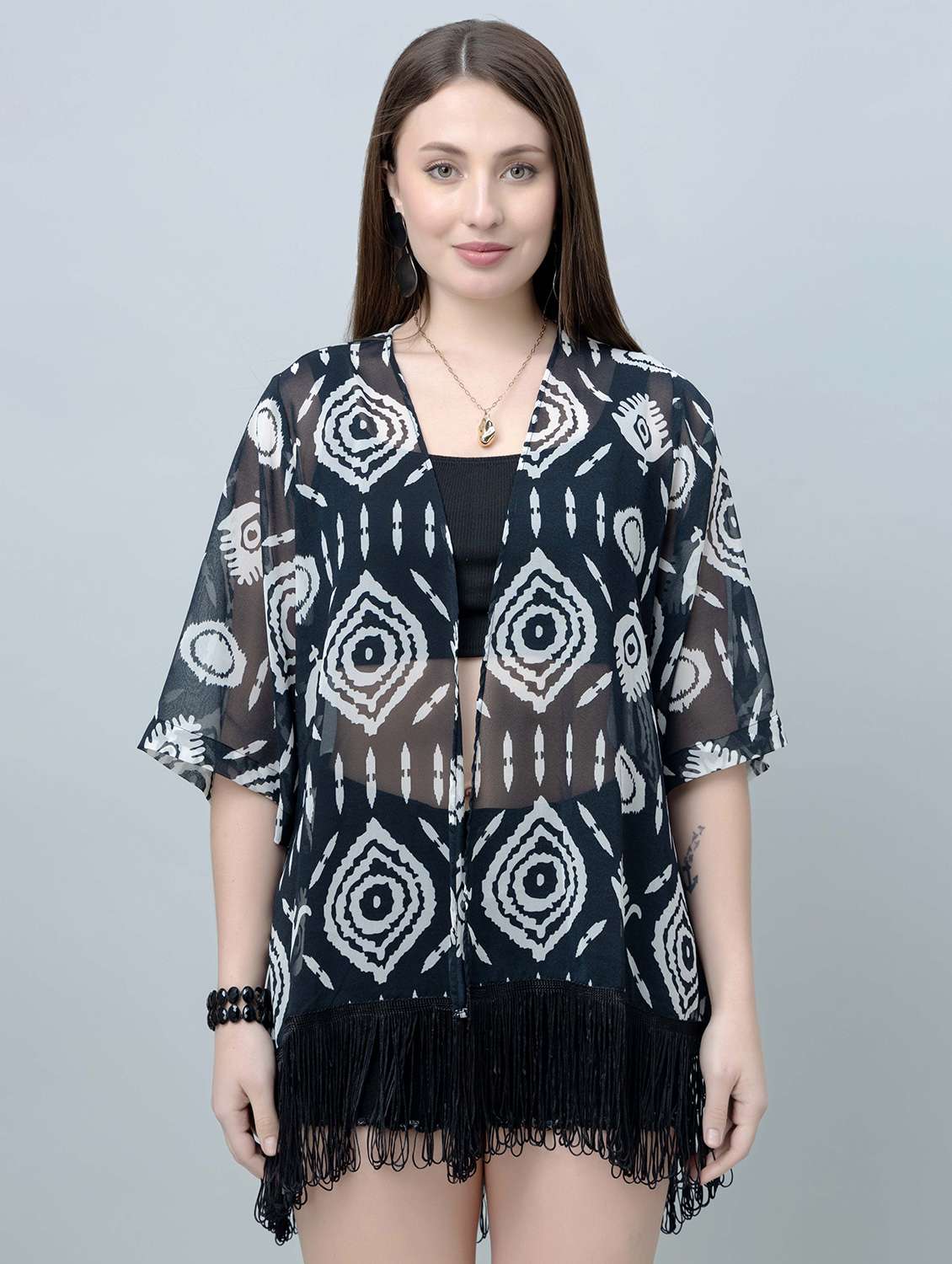 women printed fringed hem regular shrug - 21901582 -  Standard Image - 1