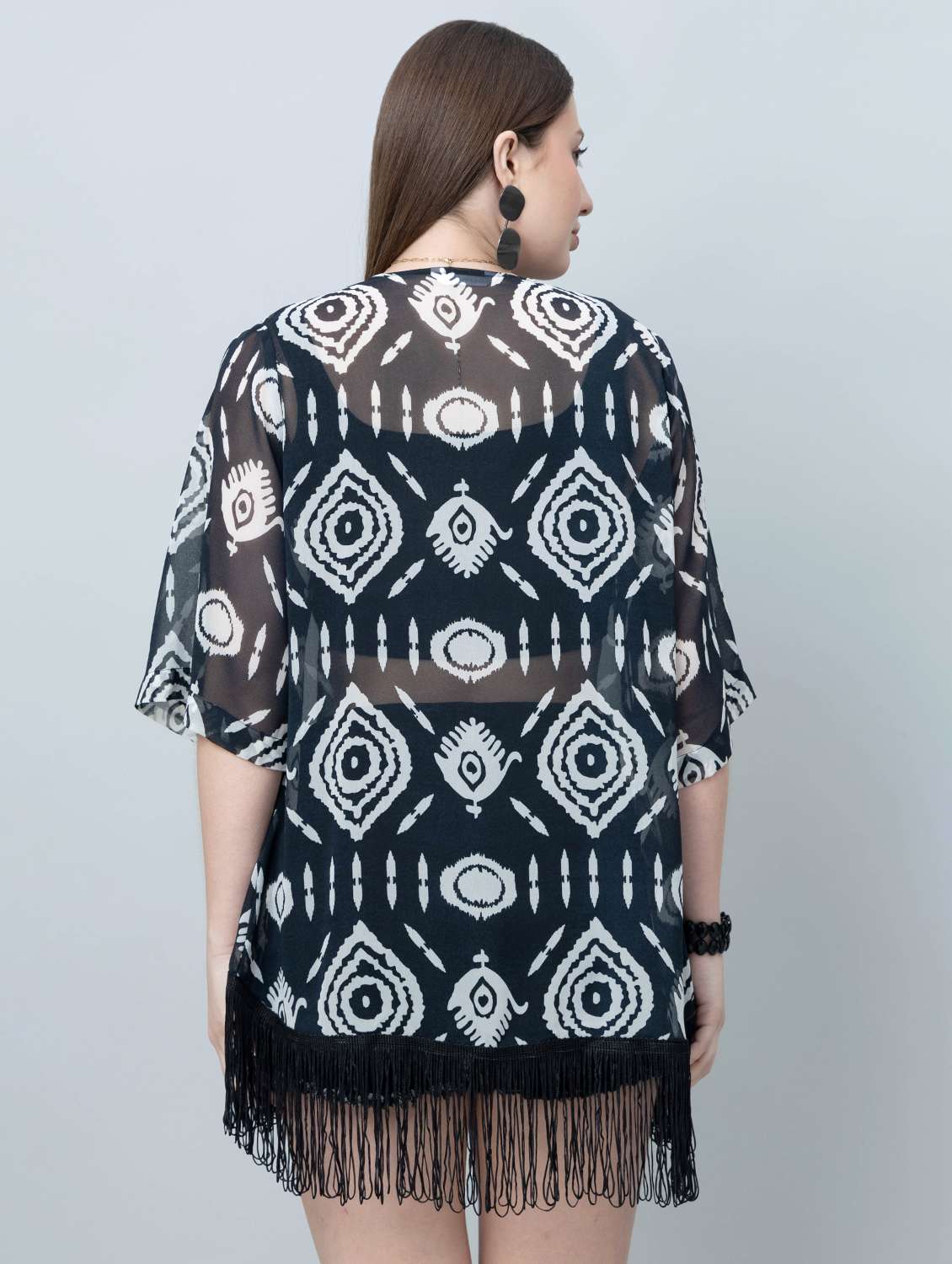 women printed fringed hem regular shrug - 21901582 -  Standard Image - 4