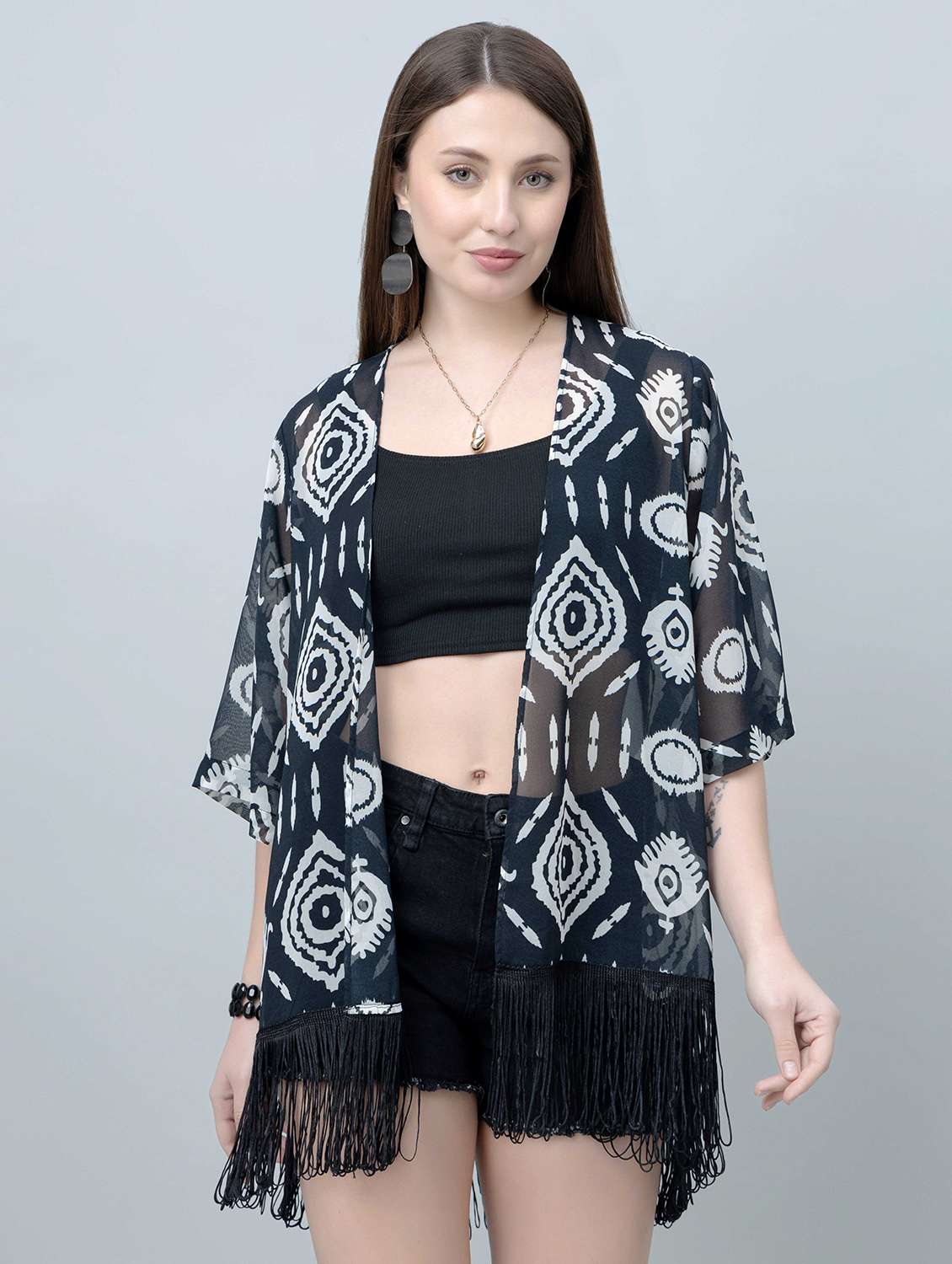 women printed fringed hem regular shrug - 21901582 -  Standard Image - 6