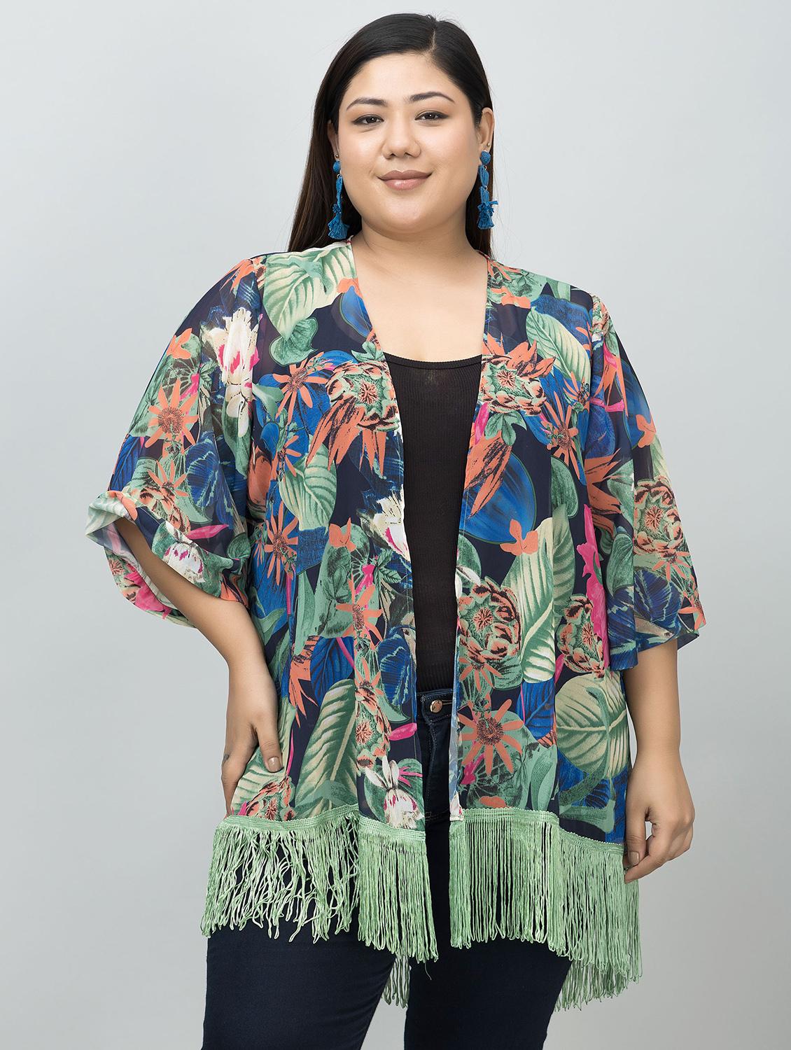 women plus size floral printed fringed hem shrug - 21901584 -  Standard Image - 1