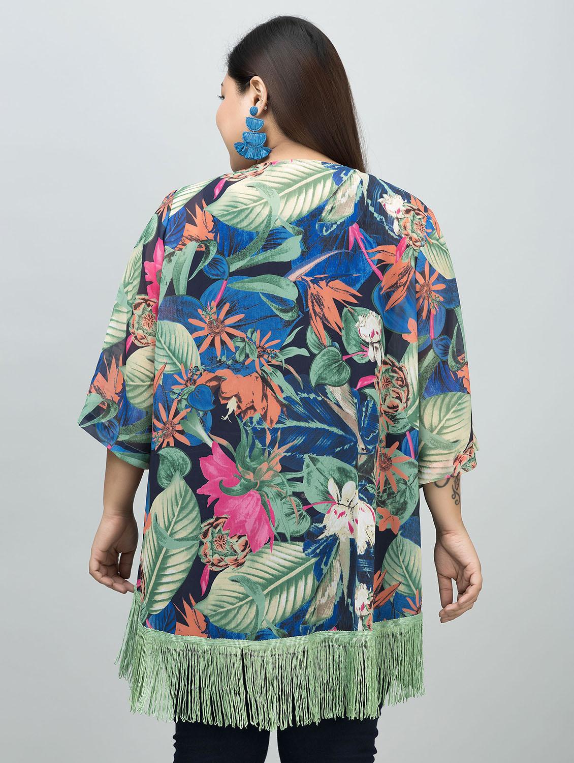 women plus size floral printed fringed hem shrug - 21901584 - Standard Image - 4