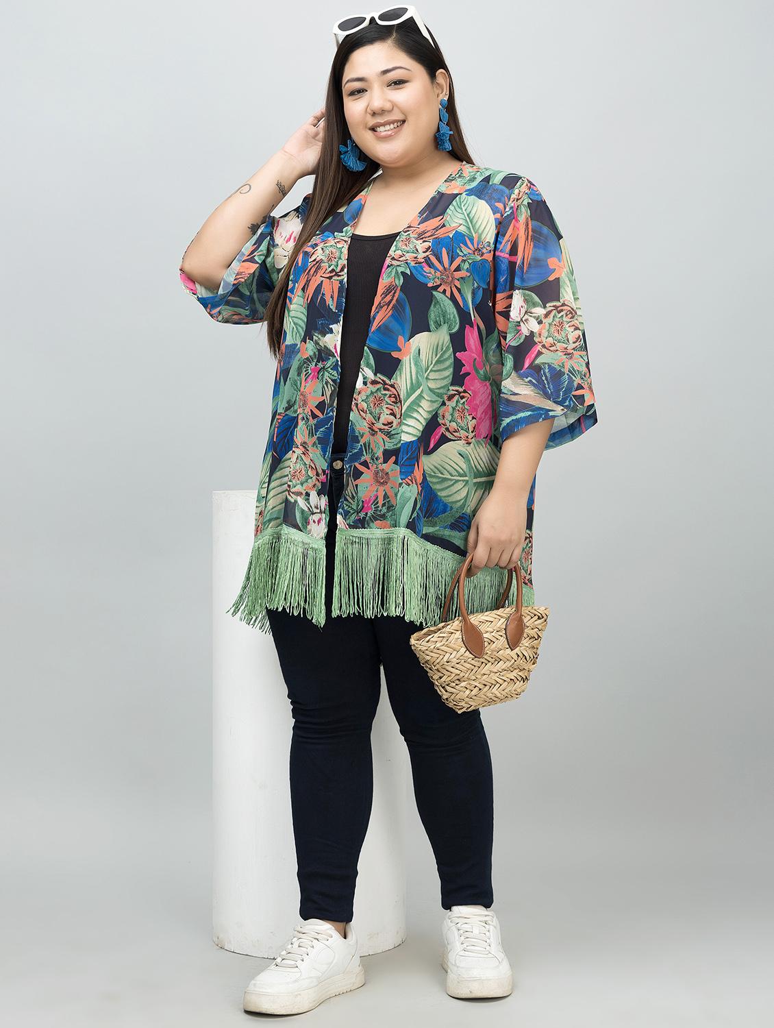 women plus size floral printed fringed hem shrug - 21901584 - Standard Image - 6