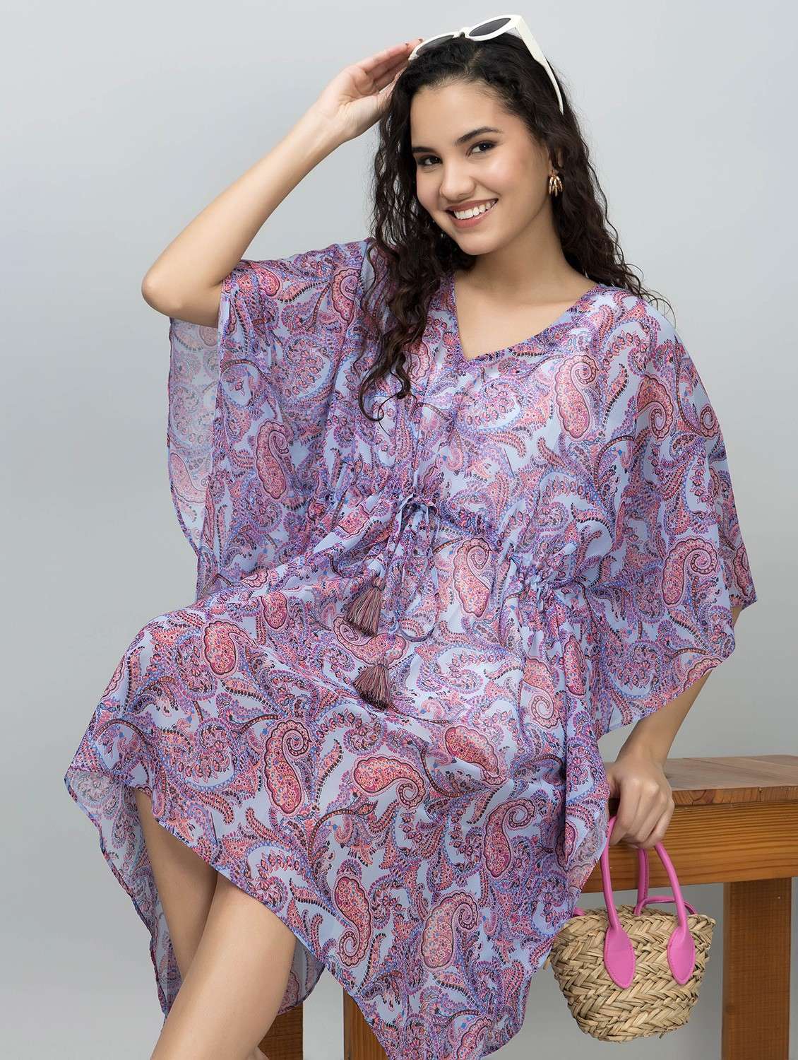 Women Printed Kimono Sleeves Kaftan Dress