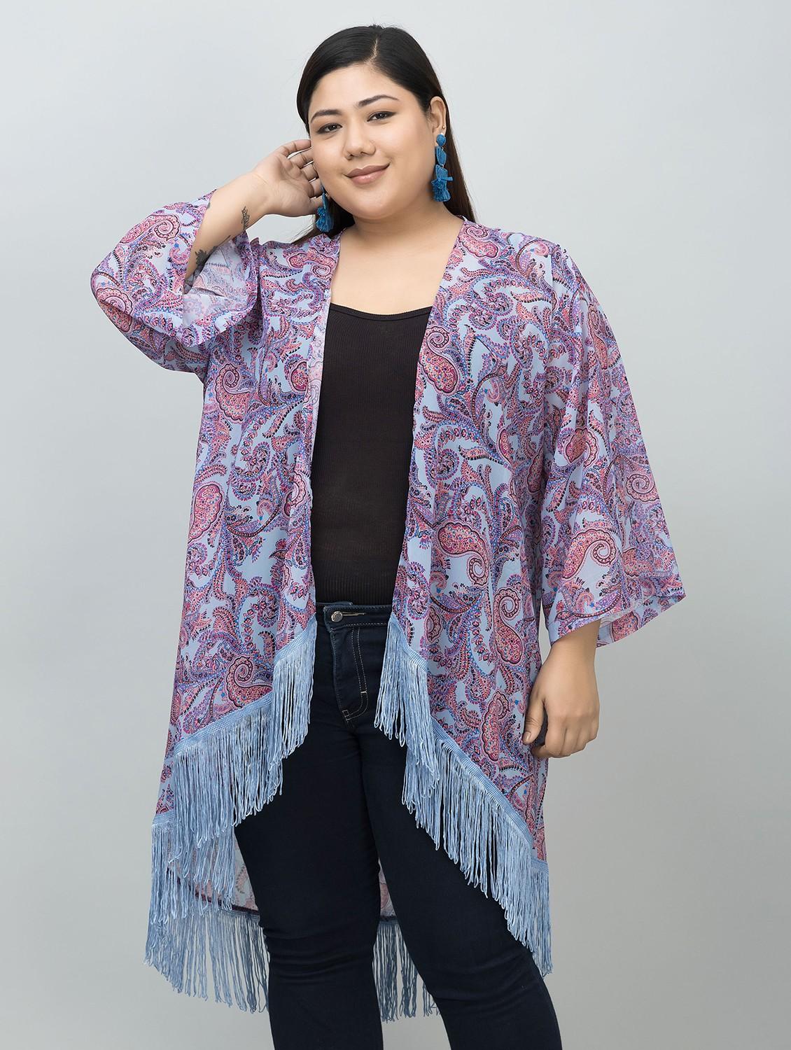 women plus size printed fringed hem shrug - 21901587 -  Standard Image - 1