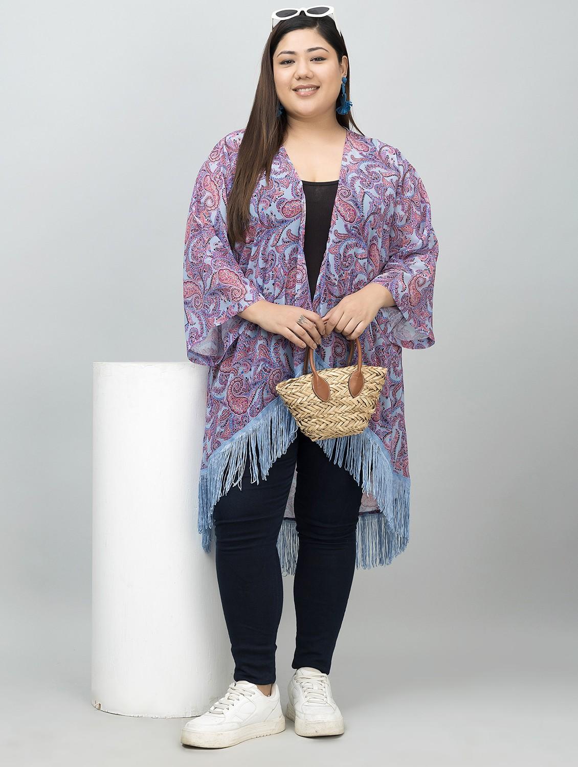 women plus size printed fringed hem shrug - 21901587 - Standard Image - 6