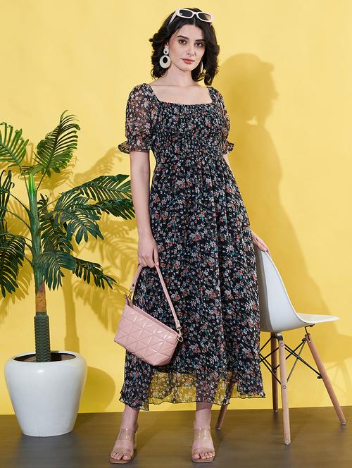 women floral printed puff sleeves fit& flared dress - 21901592 - Standard Image - 0
