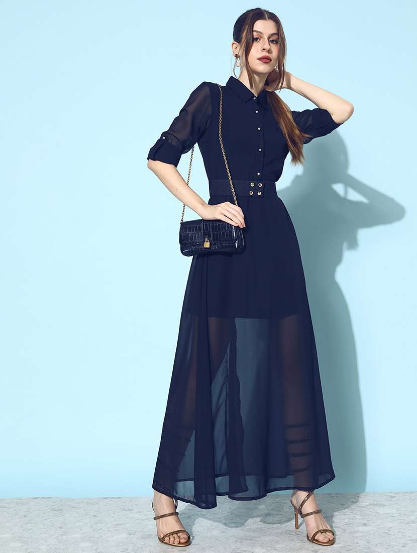 women solid collared long sleeves a-line dress