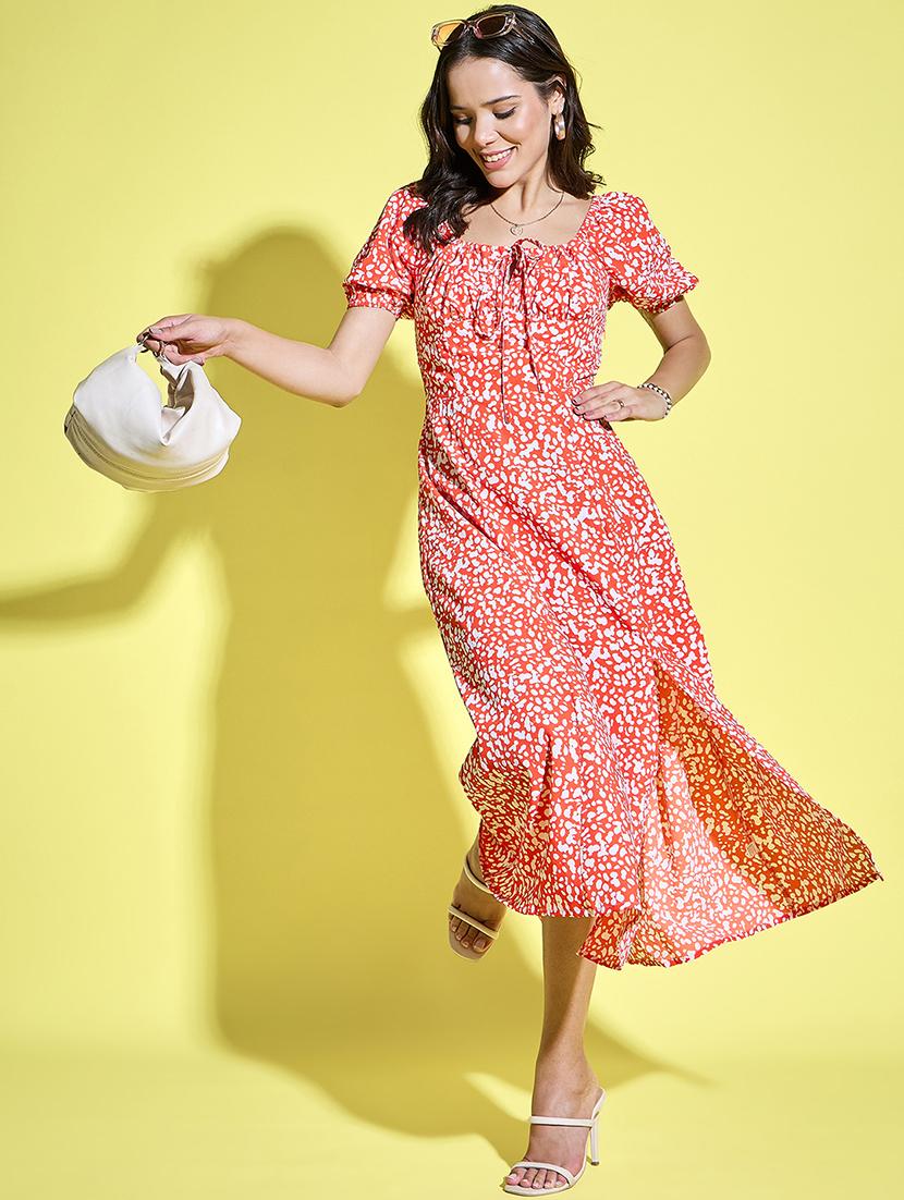 women printed puff sleeves fit & flare dress - 21901606 -  Zoom Image - 0