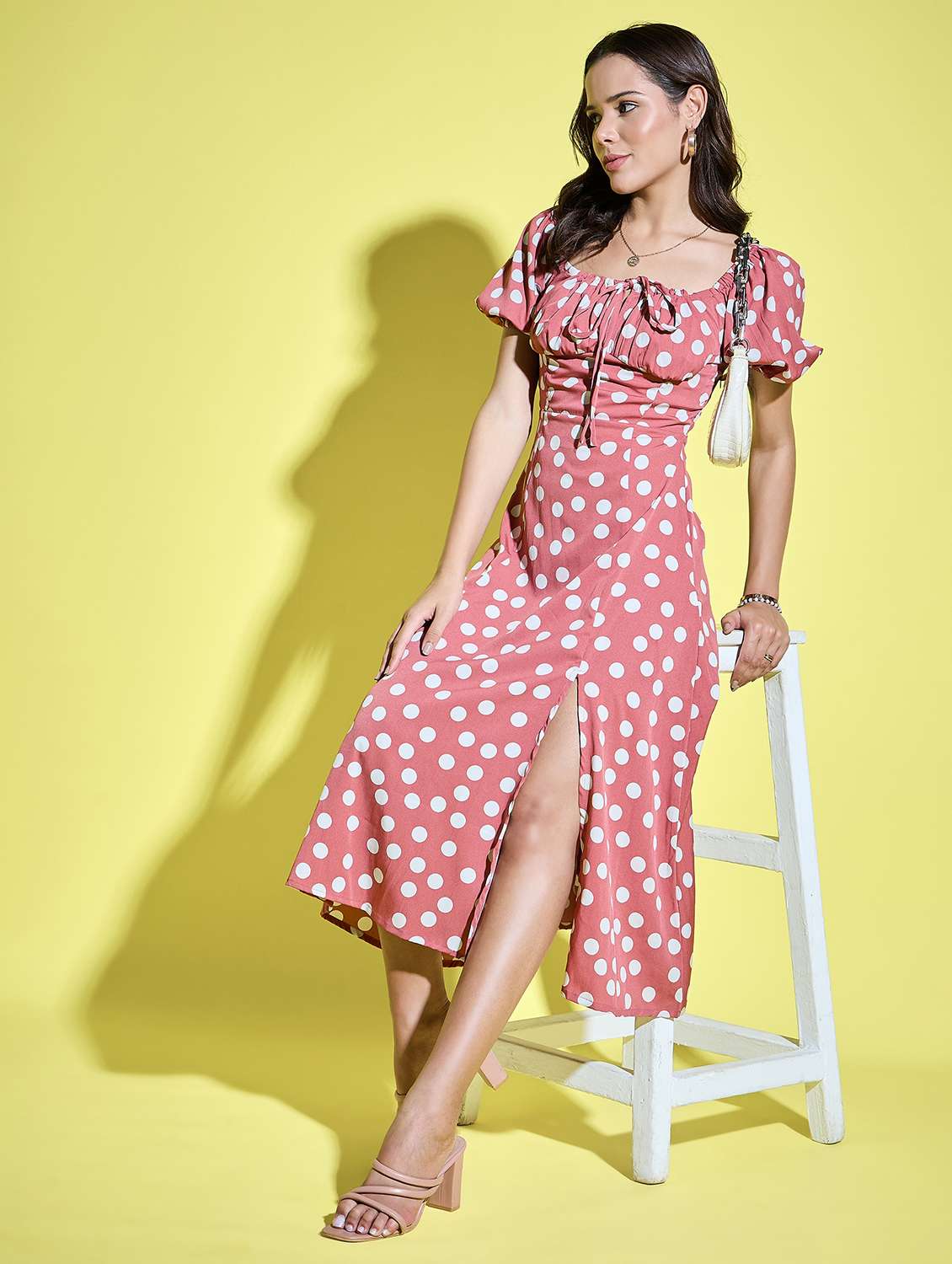 women polka doted puff sleeves a-line dress
