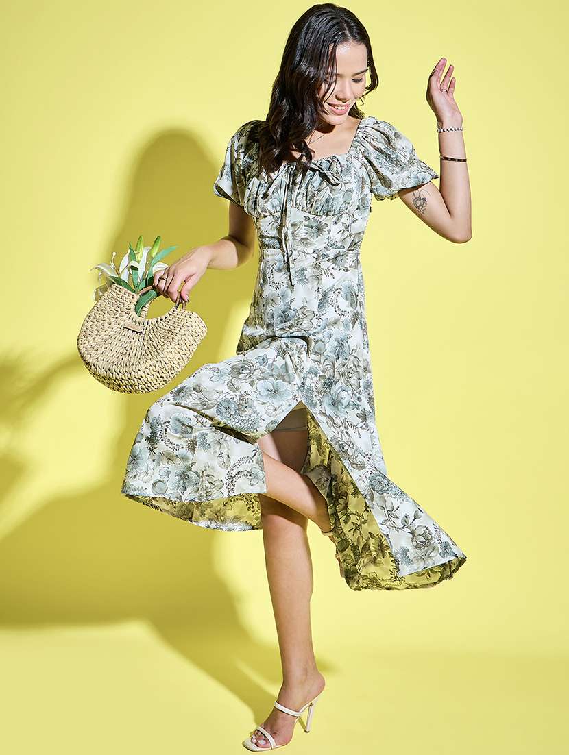 women printed puff sleeves a-line dress