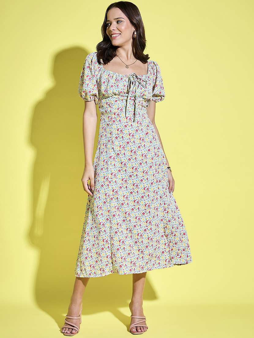 women printed puff sleeves a-line dress