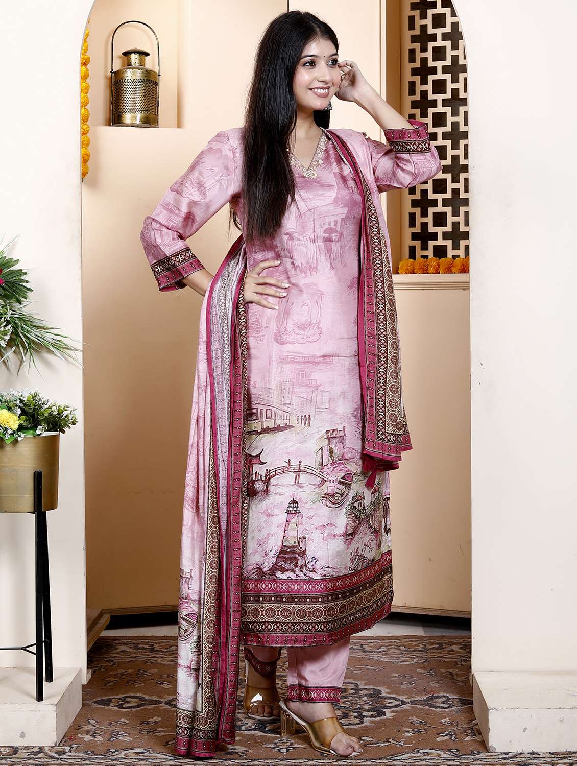 women three quarter sleeve kurta pant with dupatta set - 21901610 -  Standard Image - 1