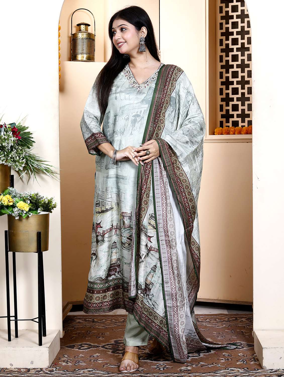 women three quarter sleeve kurta pant with dupatta set - 21901611 -  Standard Image - 1