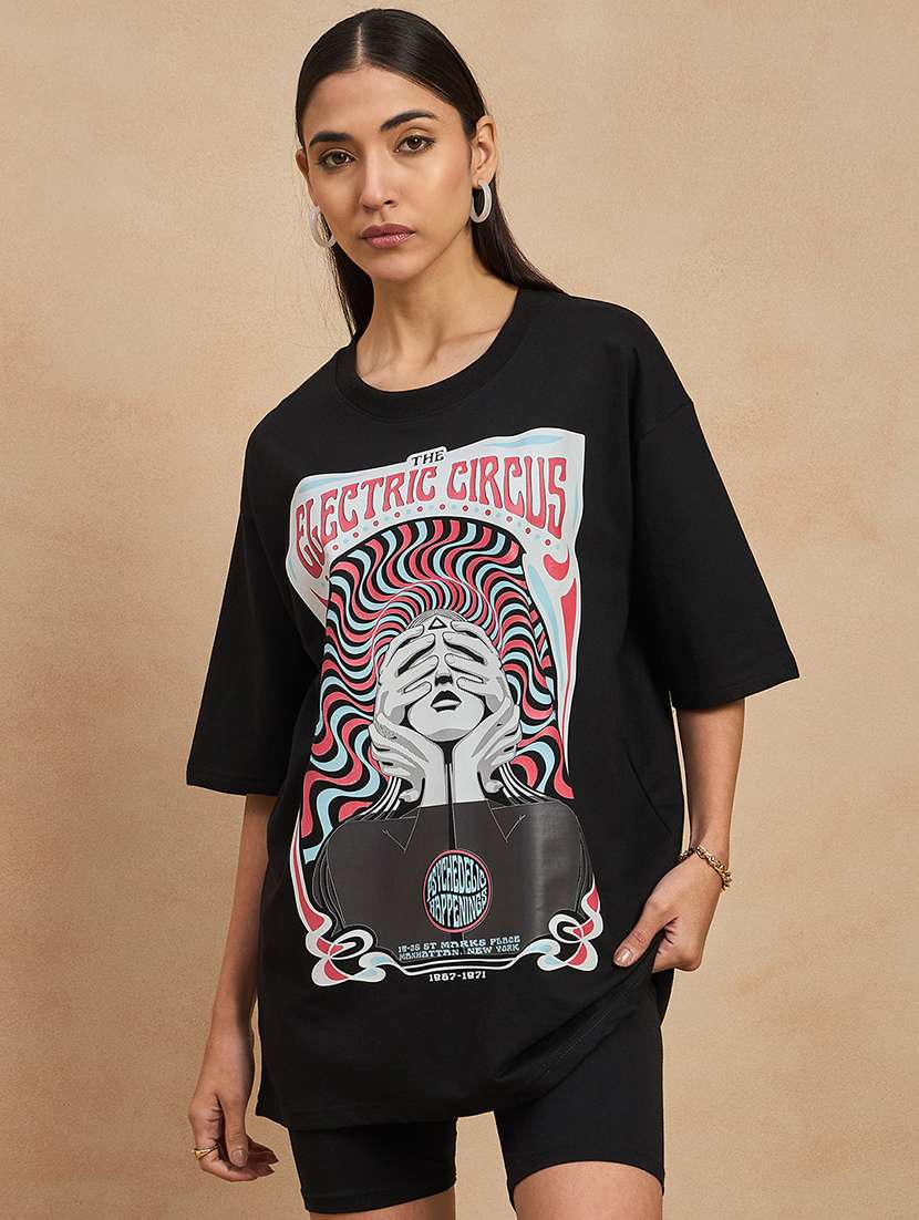women front print round neck oversized t-shirt