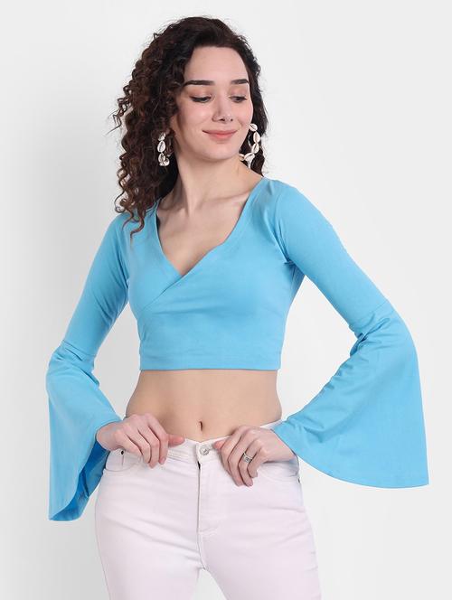 women solid bell sleeves crop top - 21903520 - Standard Image - 0