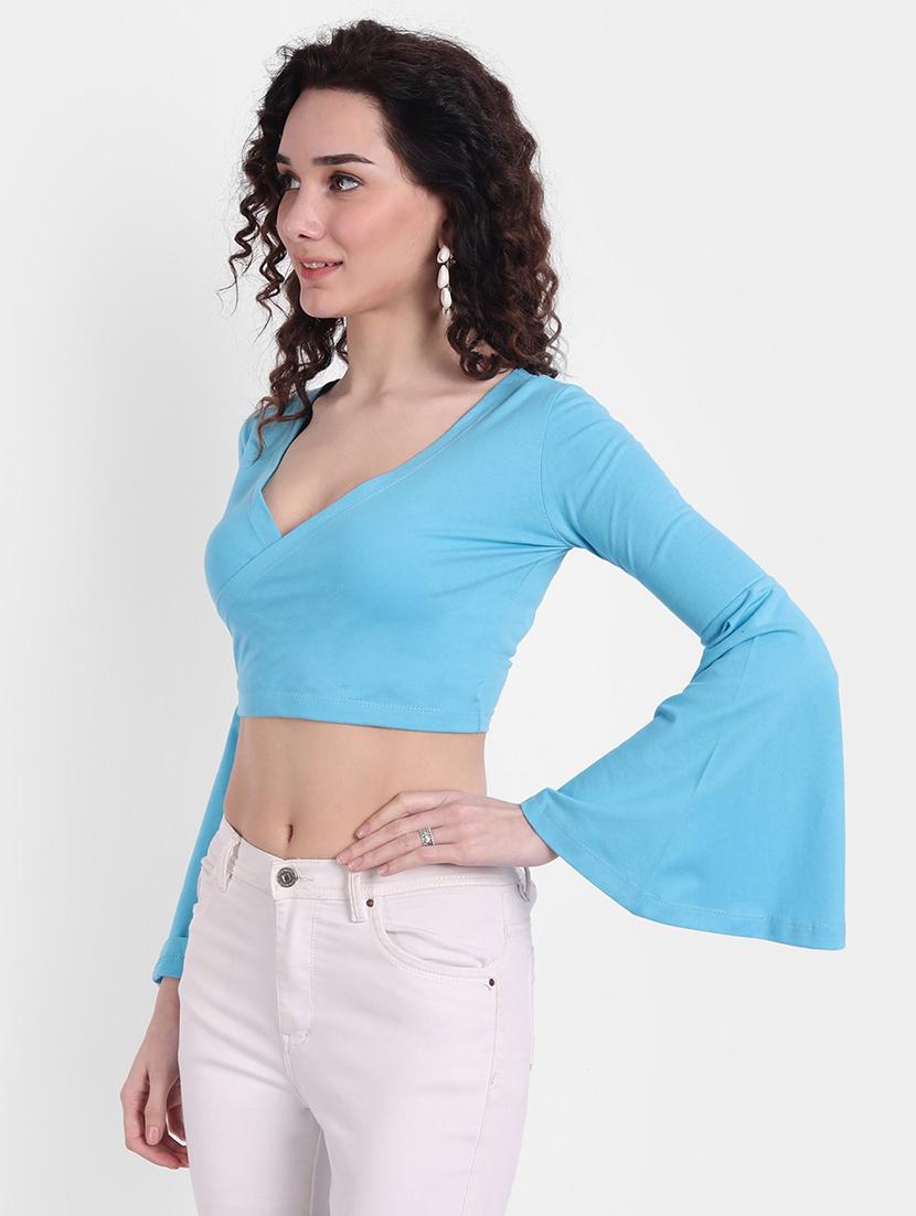 women solid bell sleeves crop top - 21903520 - Standard Image - 1