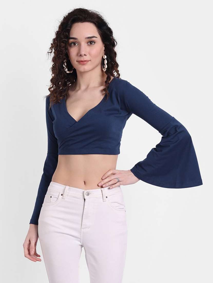 women solid bell sleeves crop top